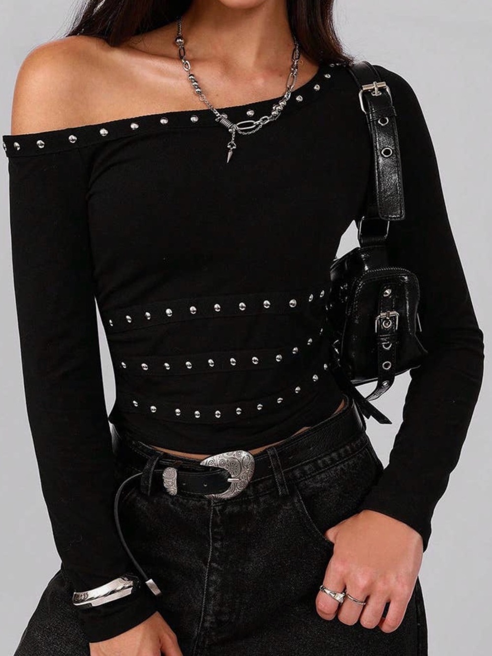 Black Off-Shoulder Studded Long Sleeve Top